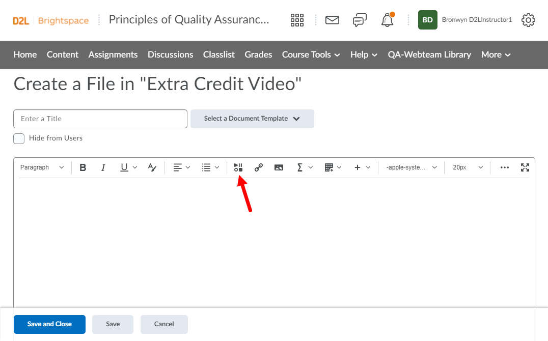 Brightspace module with create file window open and Insert Stuff button identified