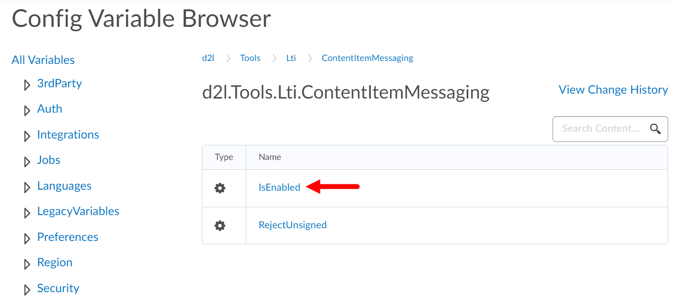 Content Item Messaging variable page with isEnabled field identified as described