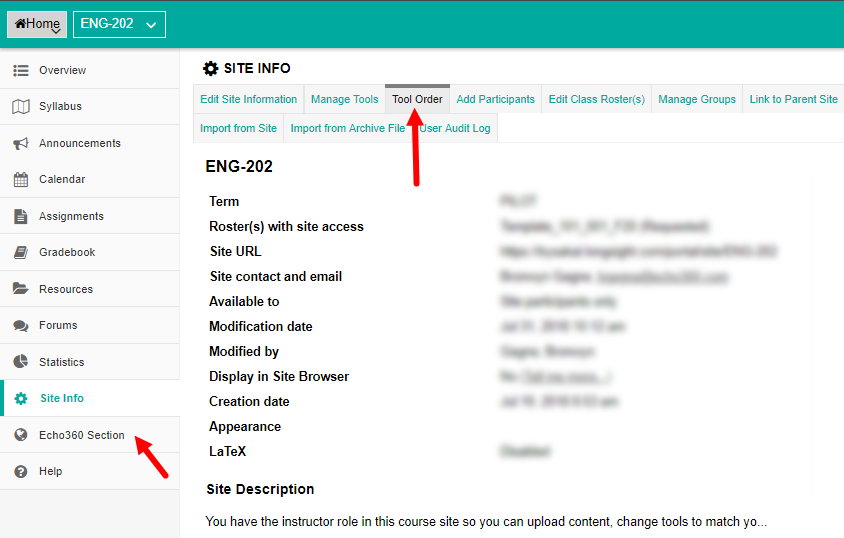 Site Info page with new Echo360 Tool Link listed in Site tools as described