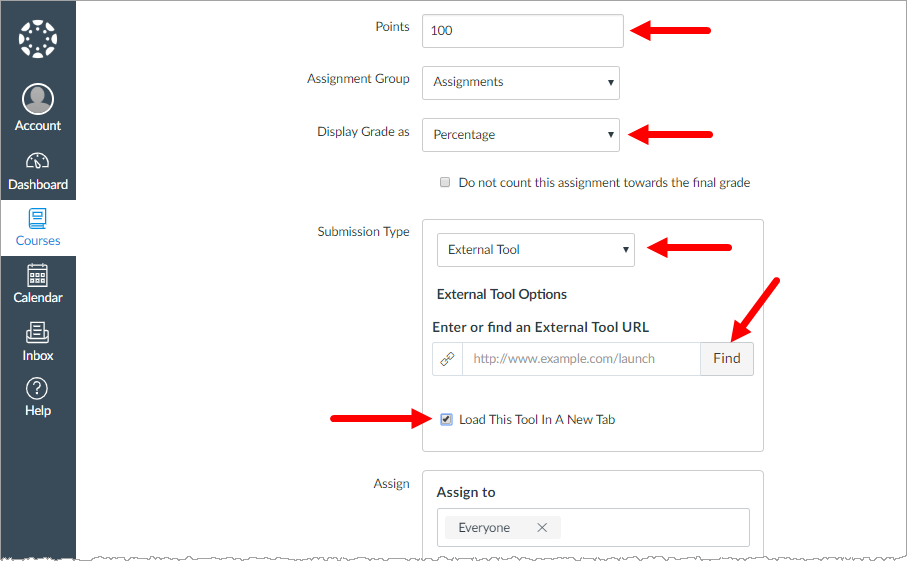 Assignment configuration options for steps as described