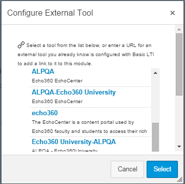 External tool list for linking to Canvas assignment as described