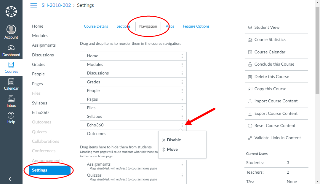 Canvas course settings page with Echo360 link and settings options shown for steps as described
