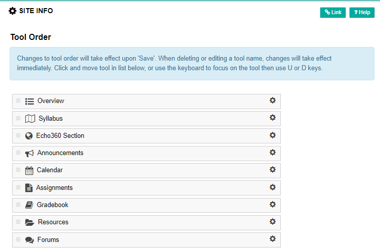 Site tool order list with re-ordering and delete options as described