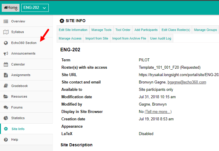 Site info page with reordered tools and Echo360 link moved up in the list as described