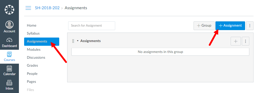 Assignments page for canvas course showing add assignments button as described