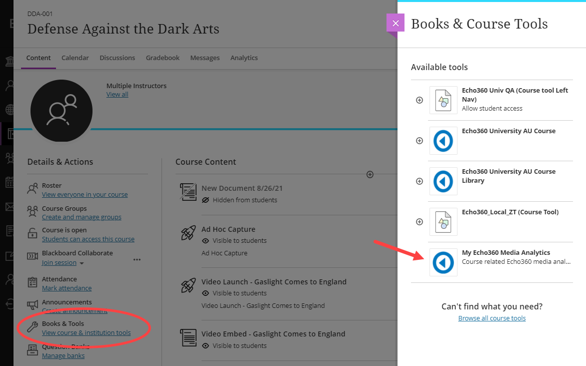 Blackboard course with Ultra view showing Books and Tools course option list open and EchoVideo media analytics tool identified as described