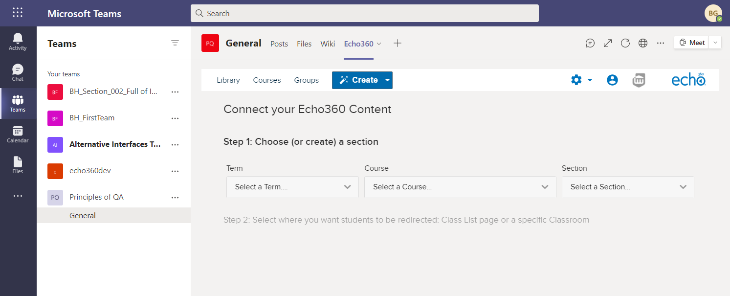 Echo360 app link through from Teams with term, course, and section selection lists showing as described