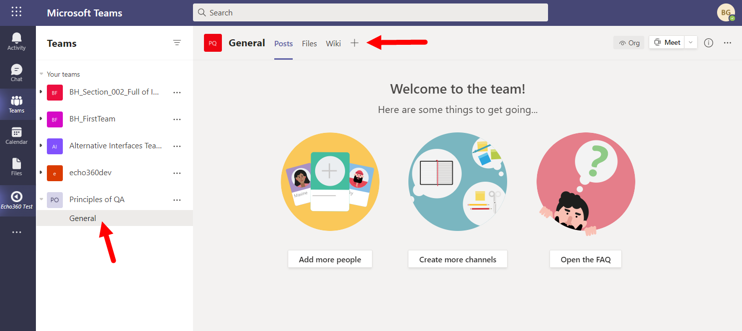 Instructor view in Teams with new tab button identified for a channel as described