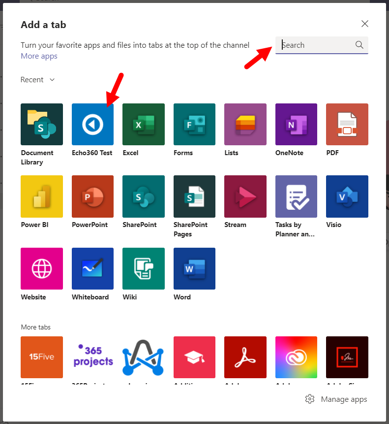 Add a tab modal with Echo360 app identified for steps as described