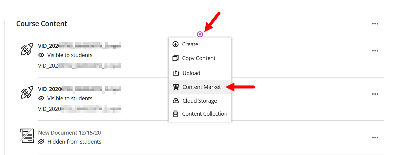 Content Market option for adding content to a course in Blackboard as described