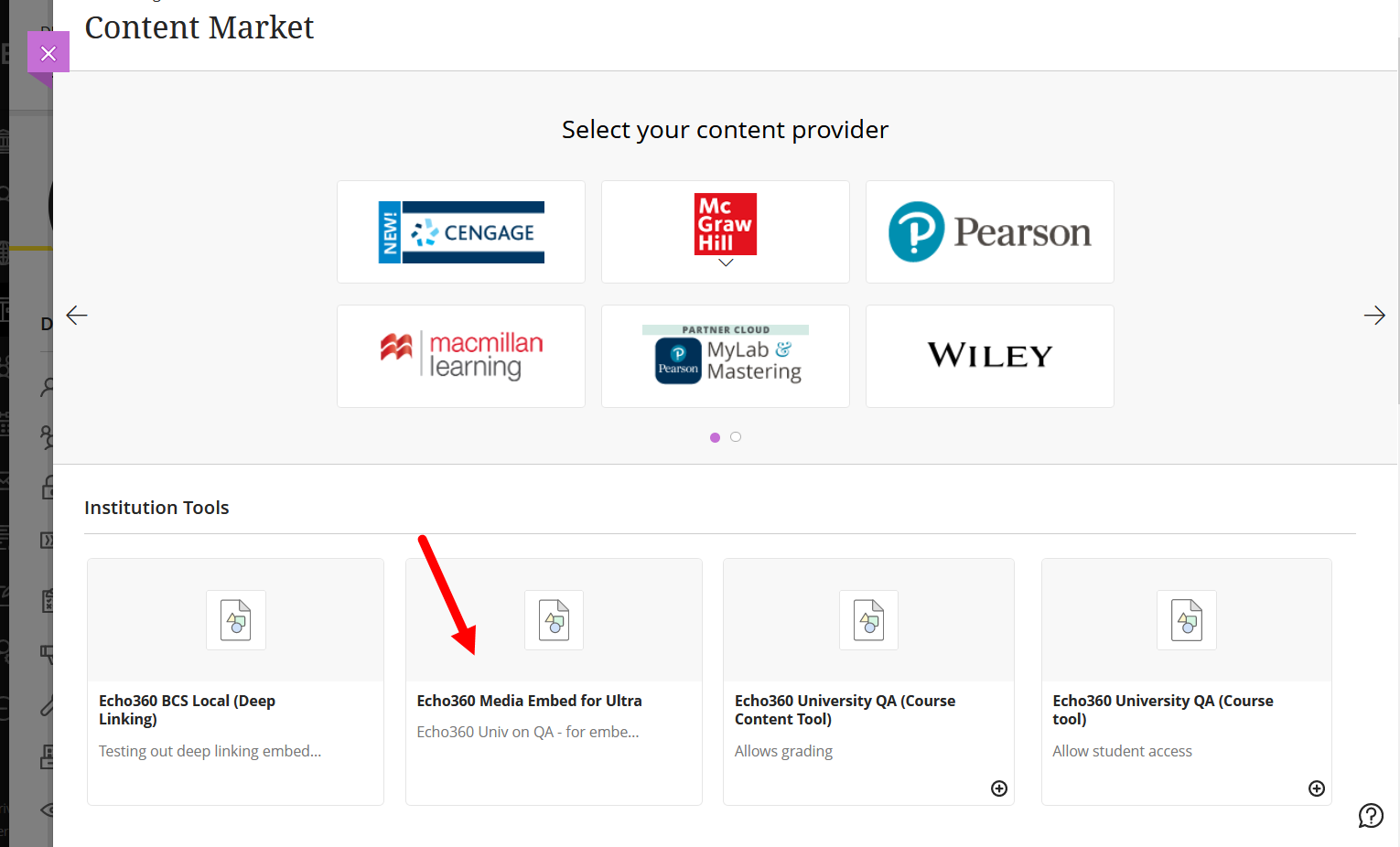 Content Market page in Blackboard with Echo360 embed media tool identified as described