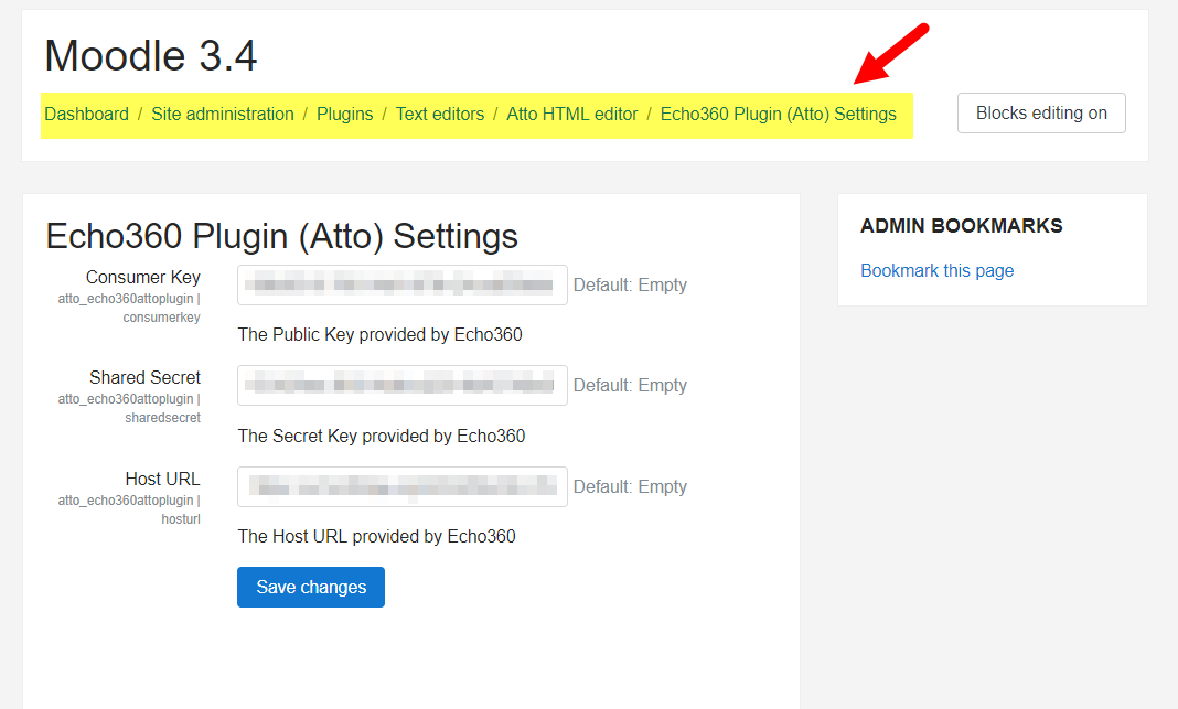 Settings page for the Echo360 plugin with LMS configuration value fields as described