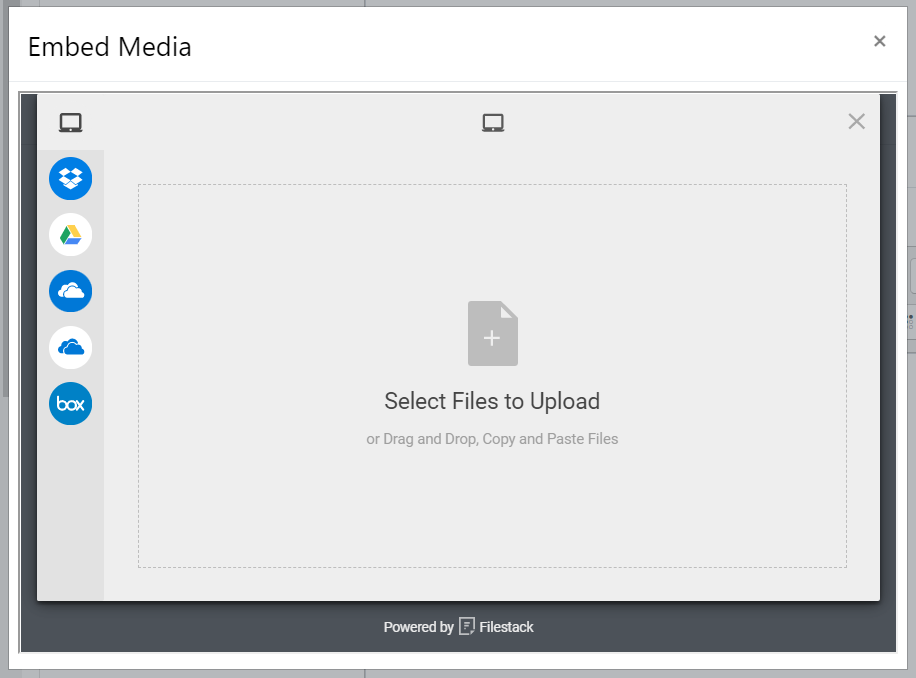 Filestack panel for uploading media showing local device upload by default with cloud options on the left as described