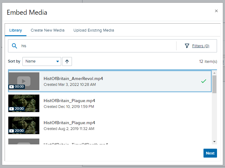 embed media selection list with newly uploaded file shown and selected with Next button enabled for selection as described