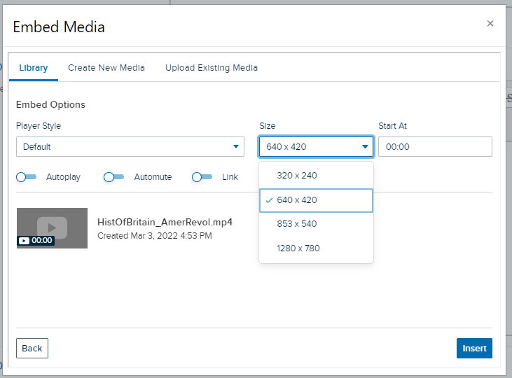 Embed media dialog box containing selected media for embedding with size drop-down list open showing options as described