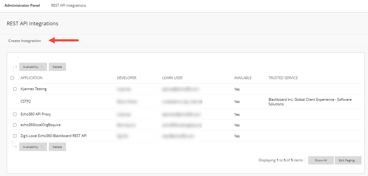 Blackboard Rest API integrations page with Create Integration option identified as described