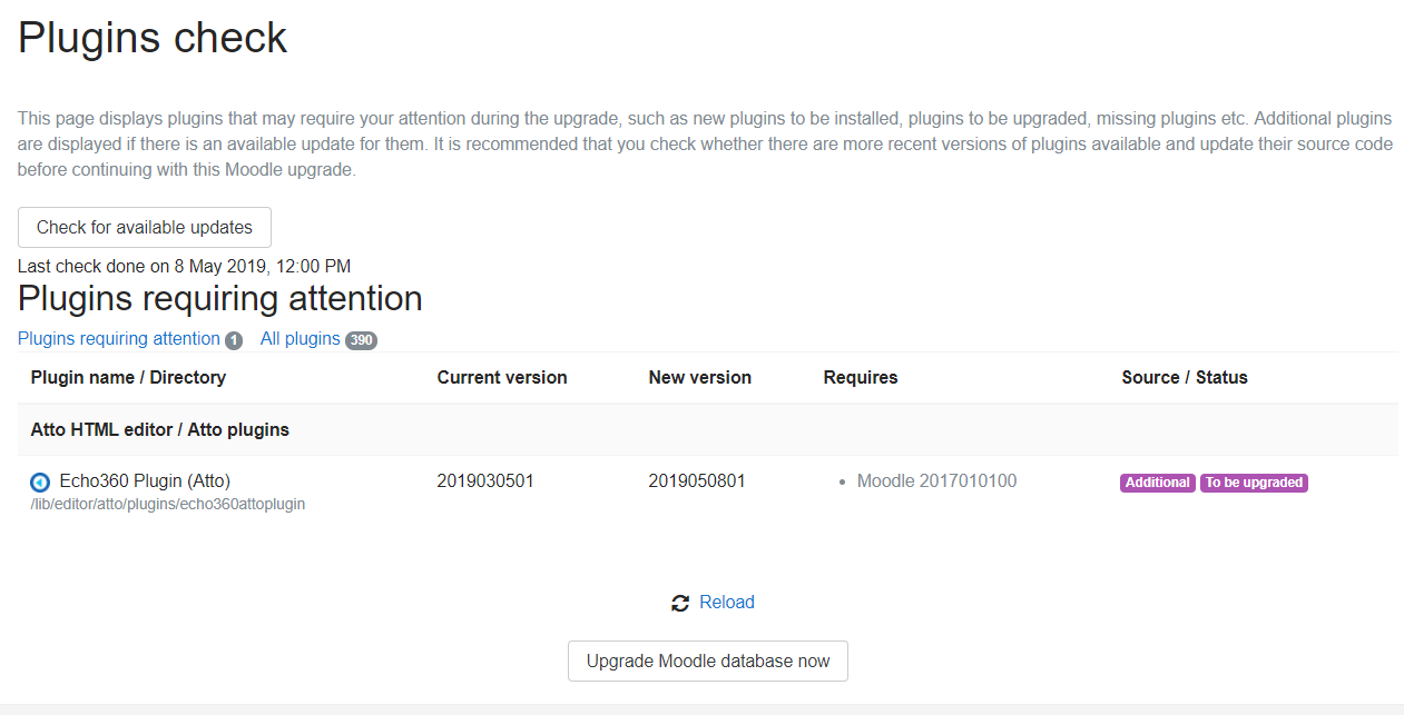 Plugins check page after plugin upgrade for updating moodle database as described