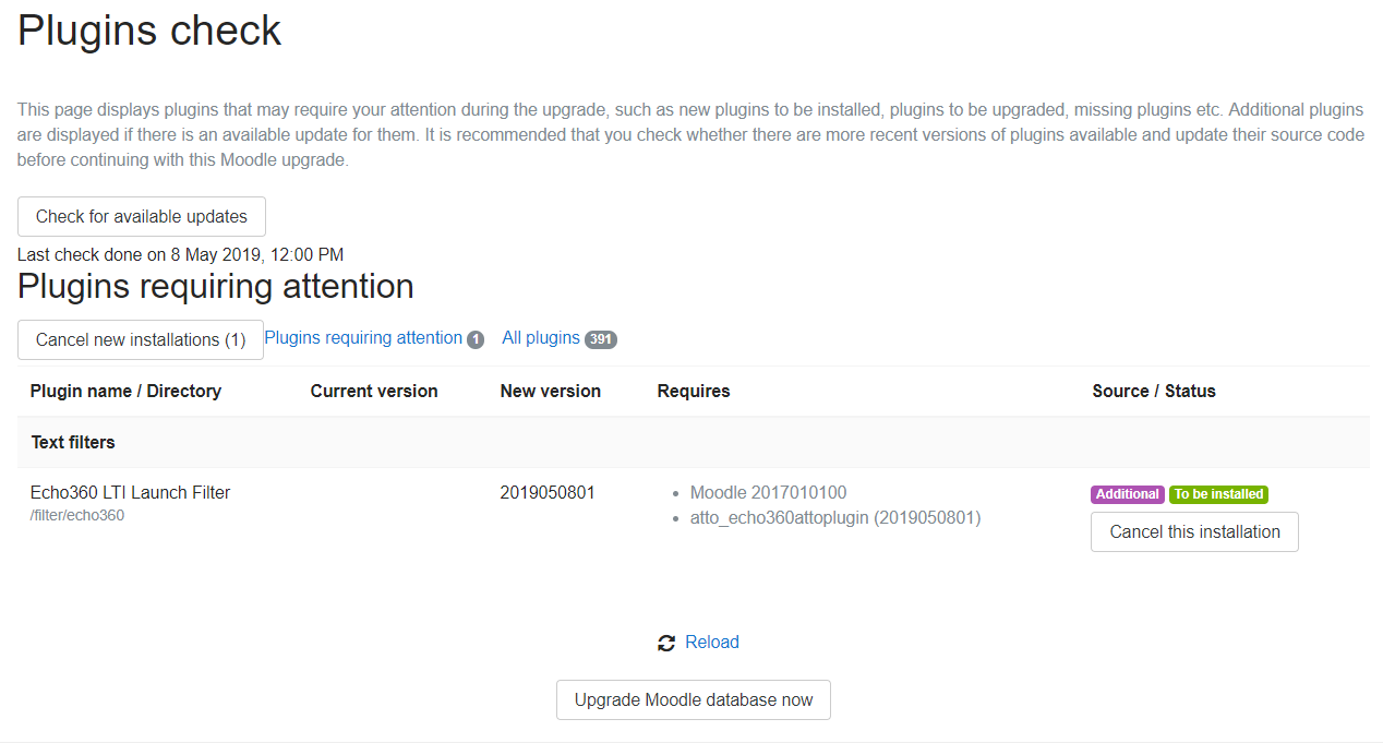 Moodle plugins check page for filter installation with upgrade database button as described