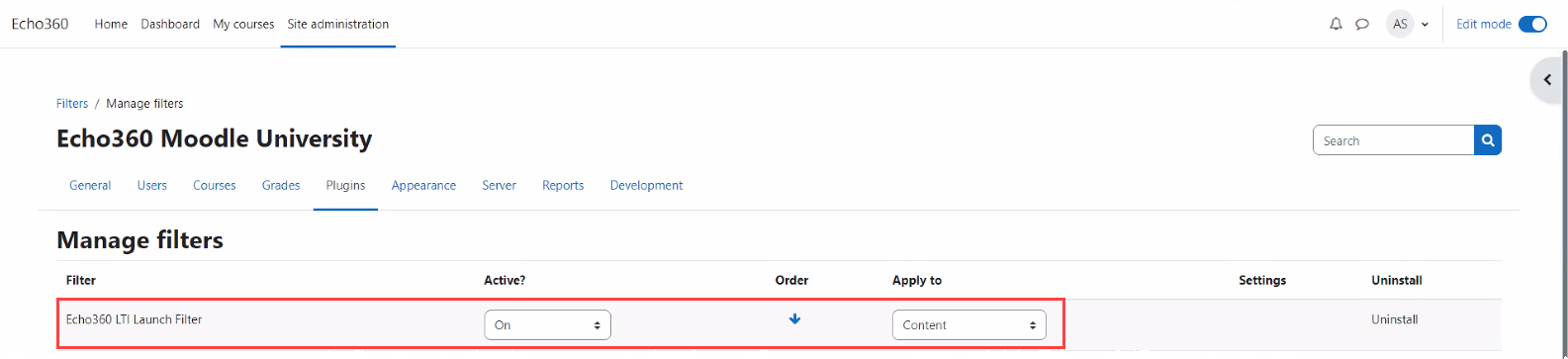 Moodle manage filters page with Echo360 LTI filter and settings identified