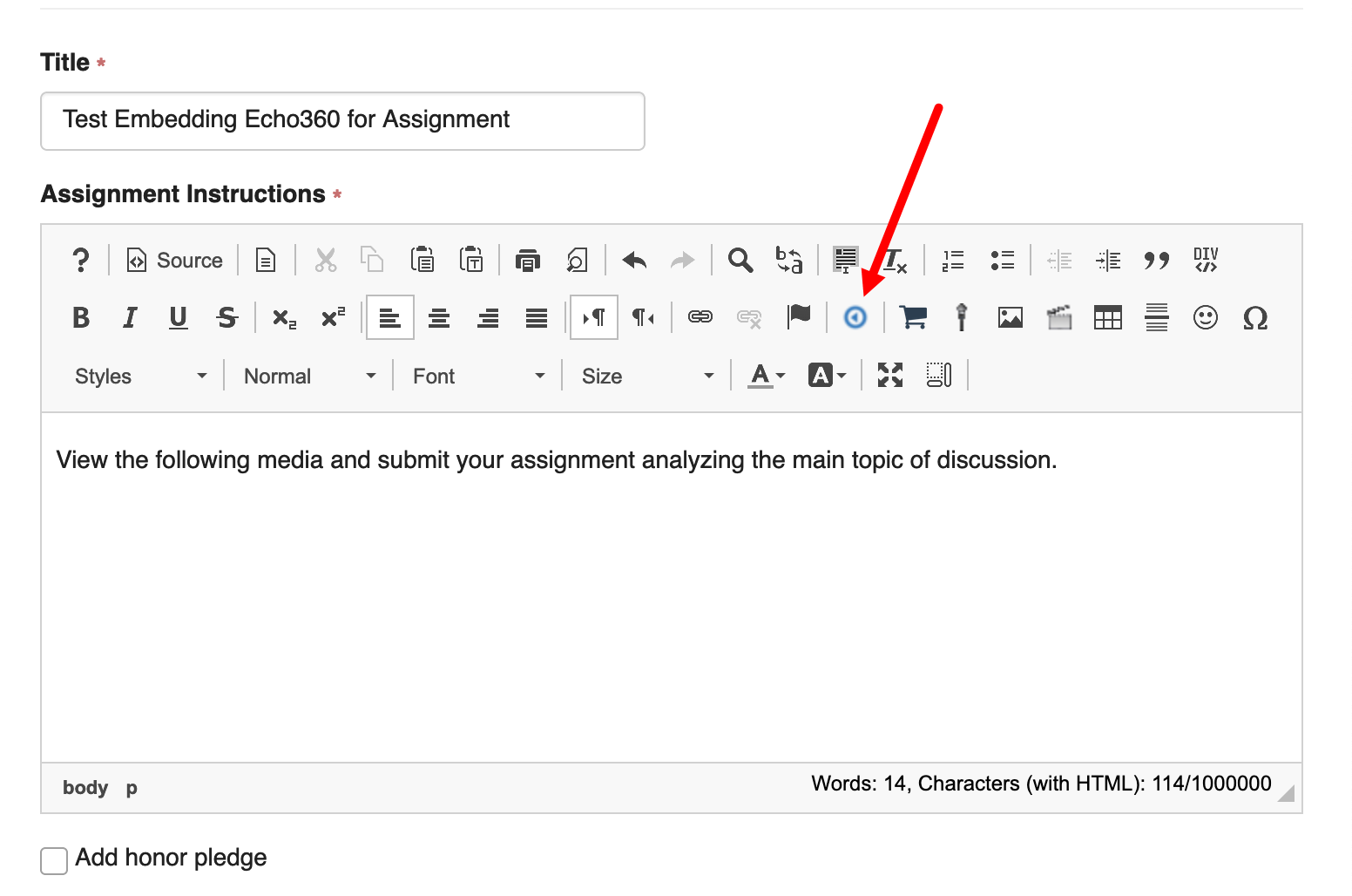 Content area of Assignment page added to Sakai course with Echo embed video button identified
