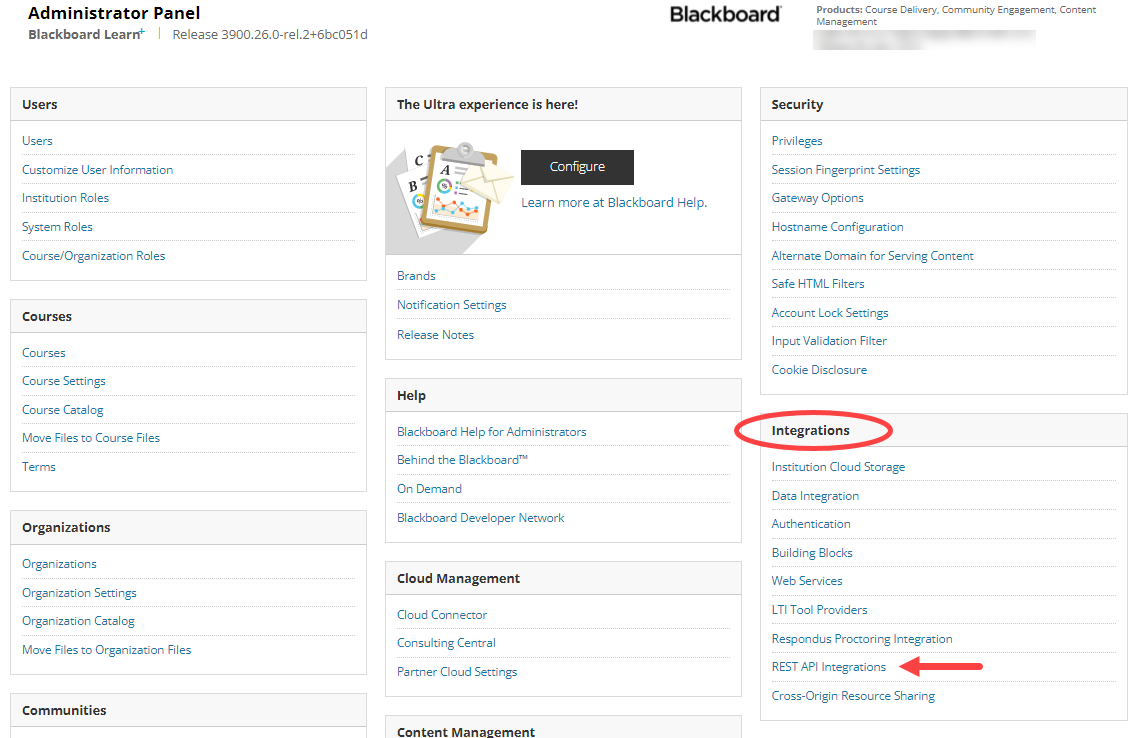 Administrator Panel in Blackboard Rest API integrations selection identified for steps as described