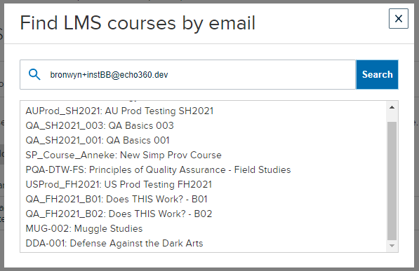 Echo360 LMS API test configuration modal showing LMS instructor email entered and corresponding LMS course list shown as described