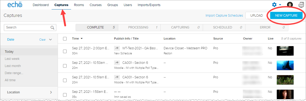 Administrator captures page in Echo360 with New Capture button identified for steps as described