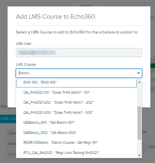 Add LMS course dialog box with email entered and corresponding LMS courses showing in open drop-down list as described