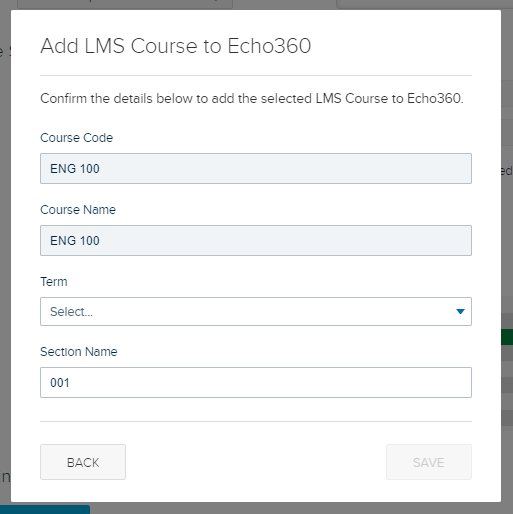 Add LMS course dialog box completed with course names and section number completed and Term option available for selection for steps as desribed