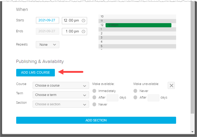Capture scheduling dialog box with Add LMS Course button identified for steps as described