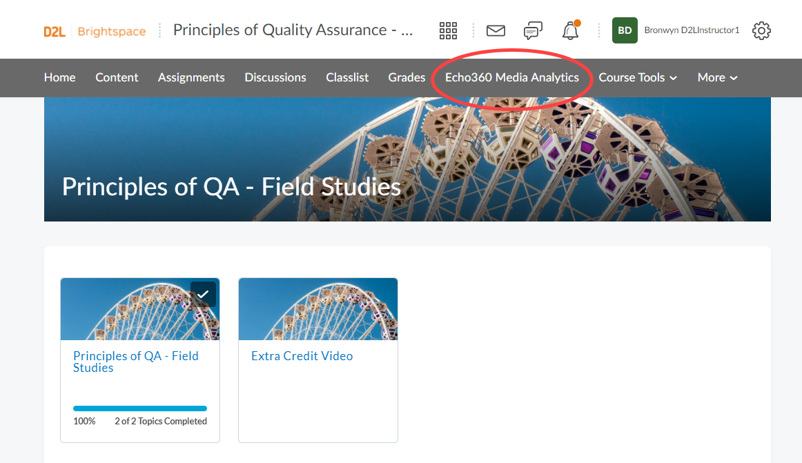Brightspace course instructor view with Echo360 media analytics link identified in course navigation bar as described