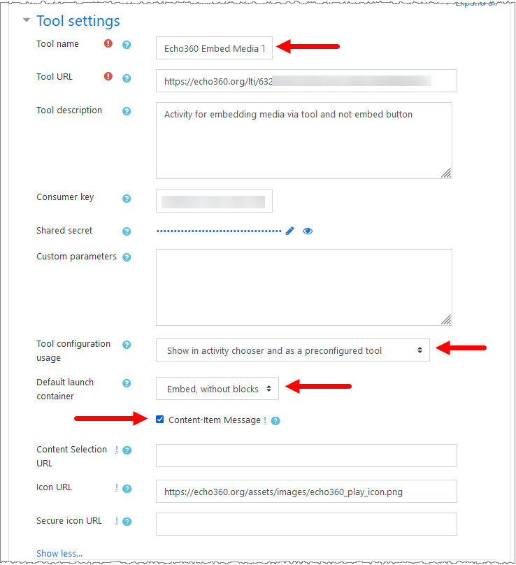 moodle tool settings page with fields and options identified and completed as described