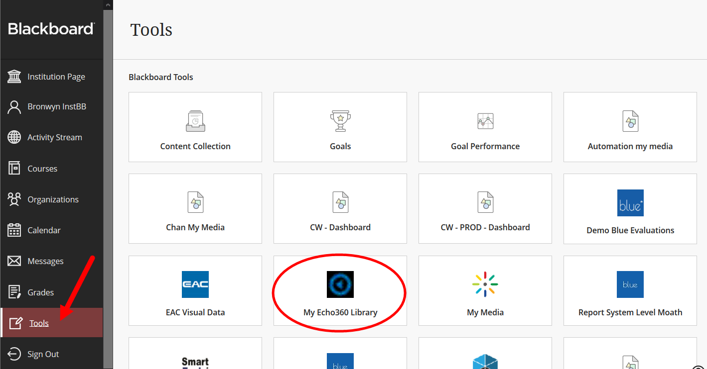 Tools page in Blackboard with Echo360 media library selection identified as described