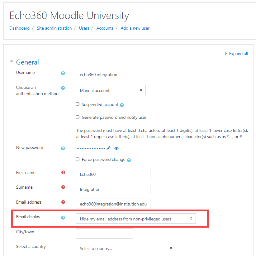 new user creation form with new integration user information entered and email display selection set as described