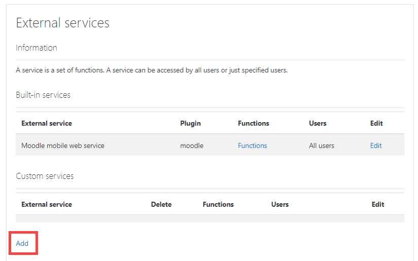 External services list with Add selection below custom services section identified for steps as described
