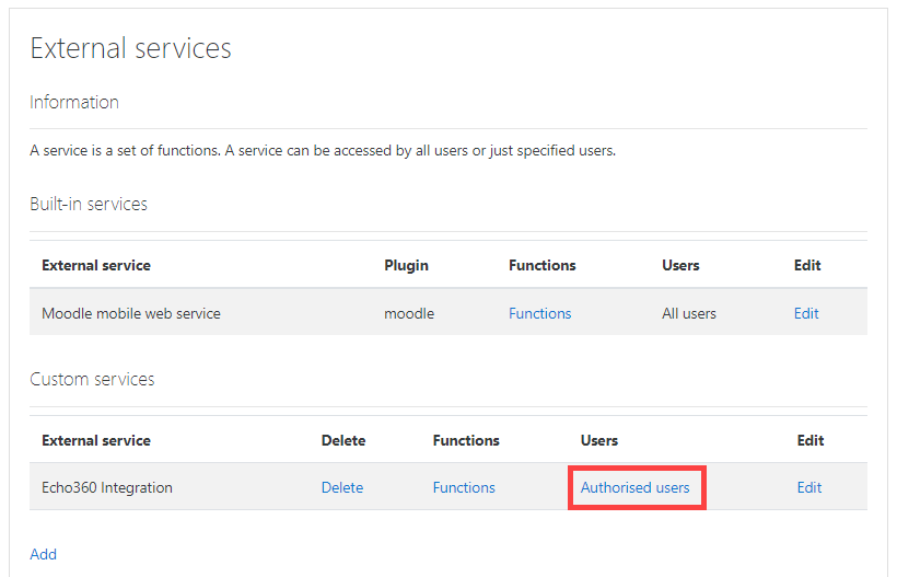 newly created external service with Authorised users selection identified for steps as described