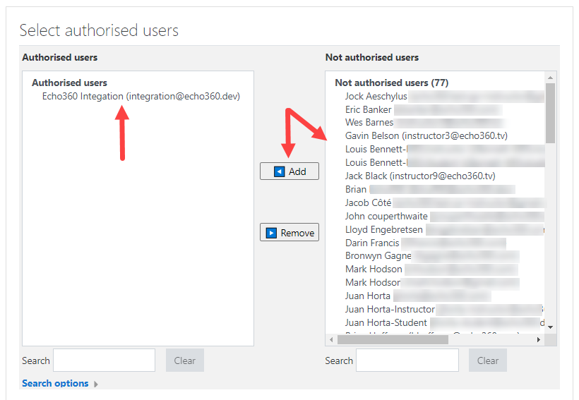 Authorize users dialog box with user lists shown and integration user added to Authorised users list as described