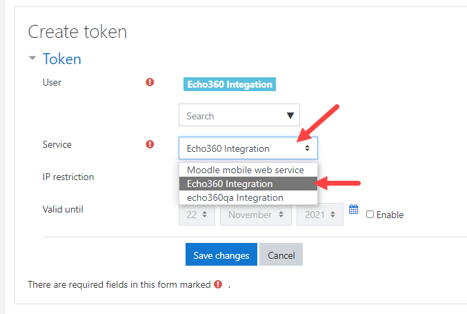 Create token dialog box service search and selection field identified for steps as described