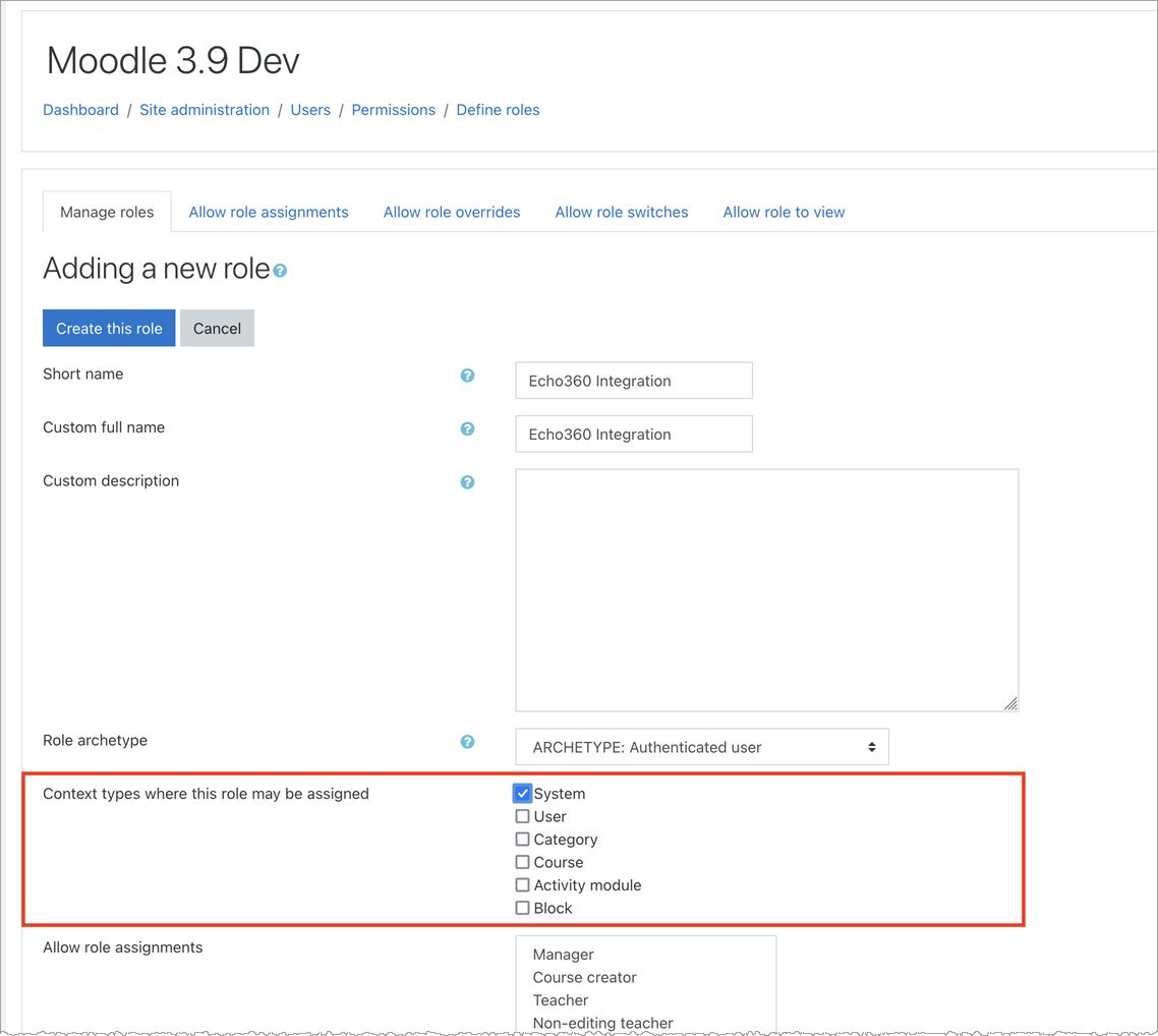 Add new role page with name fields completed and Context type System enabled for steps as described