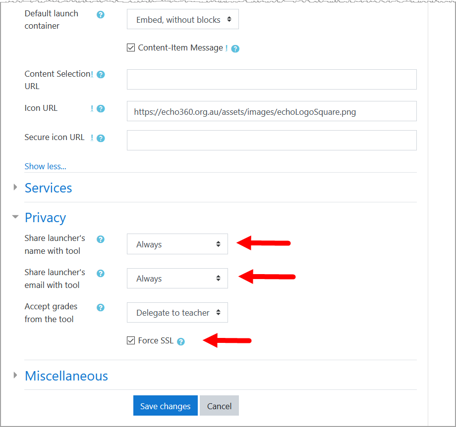 Tool settings page with Privacy section expanded and required selections shown for steps as described