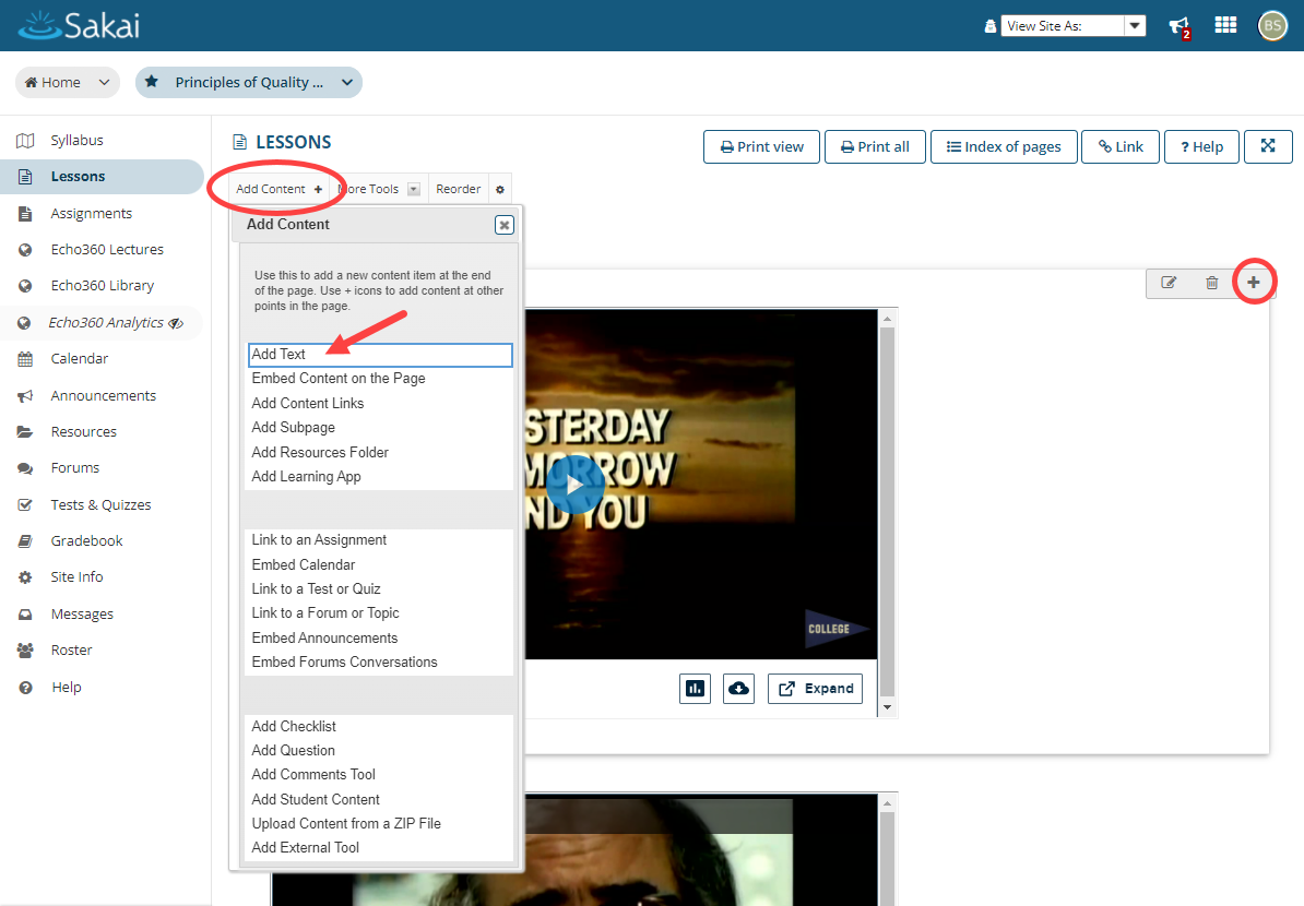 Sakai site with Lessons tab showing and Add Content options circled with the Add Text selection identified for steps as described