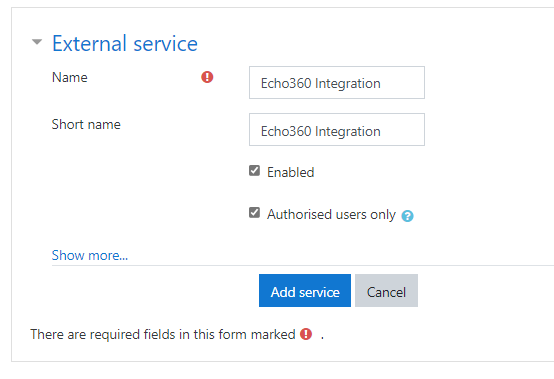 Add external service dialog box with options for selection identified for steps as described