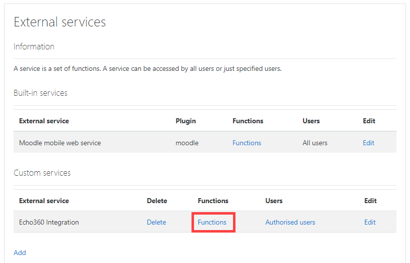 Newly created external service with Functions option identified for steps as described