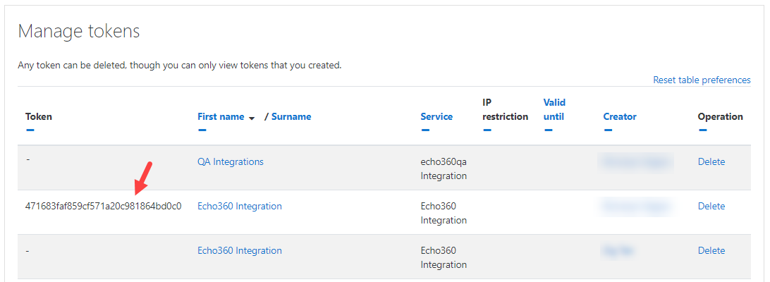 Manage tokens list with newly create token identified for selection and copy for use in Echo360 as described