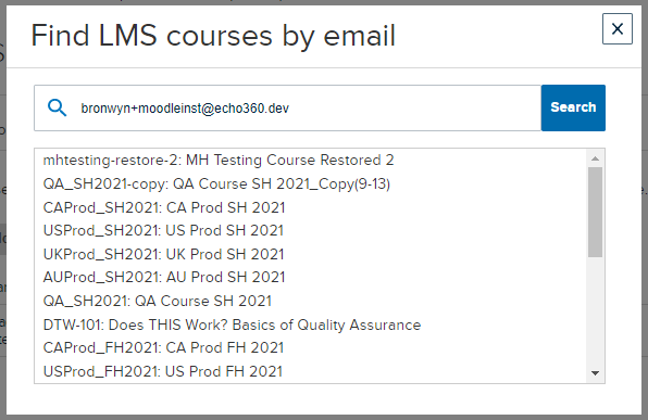 Test configuration dialog box with moodle email address entered and course list search results showing successful integration as described