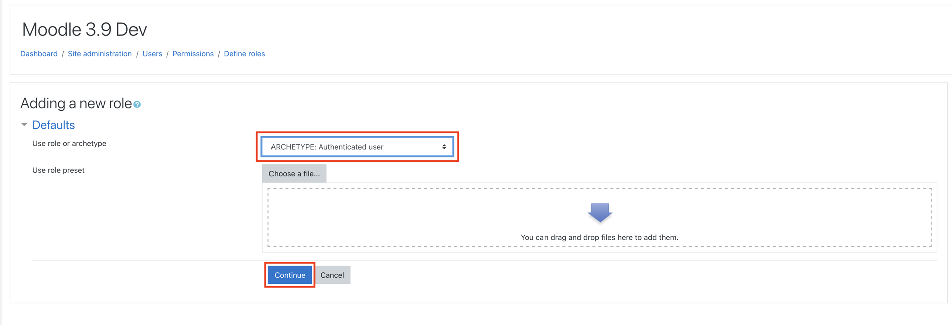 Add new role page with specified archetype selected and displayed as described