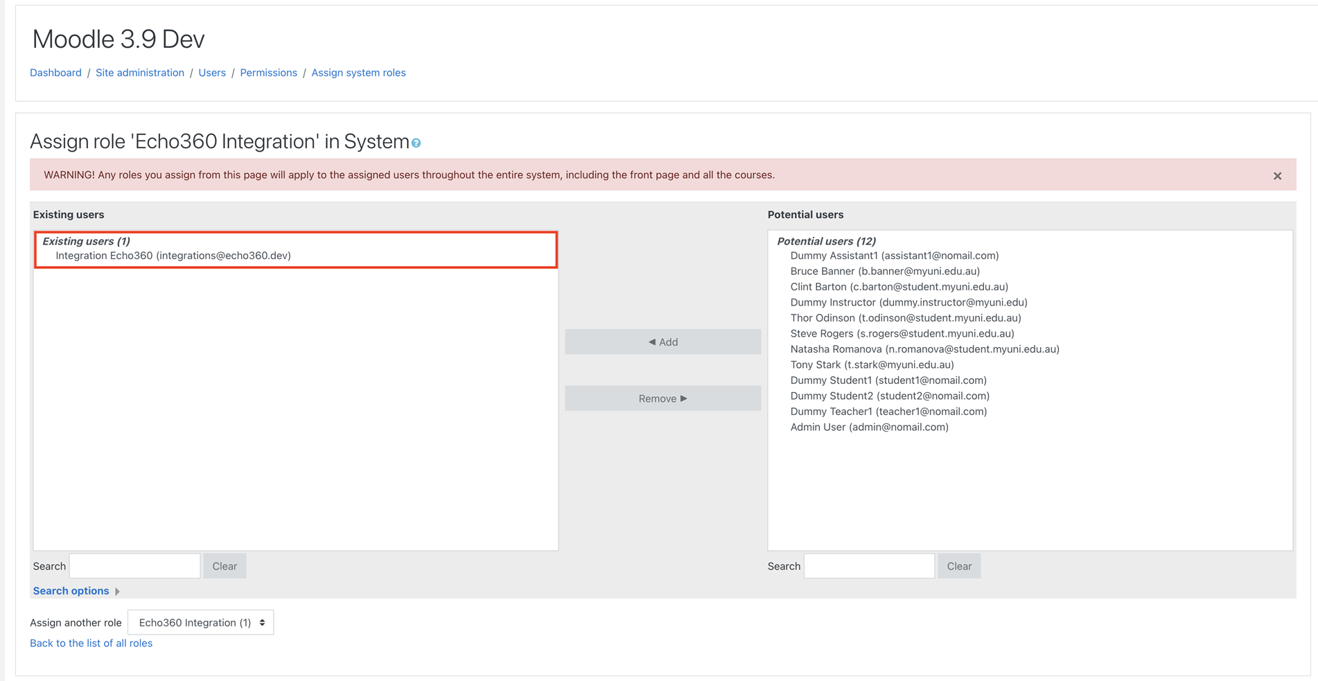 Assign role to user page with Echo360 integration user added to integration role users list as described