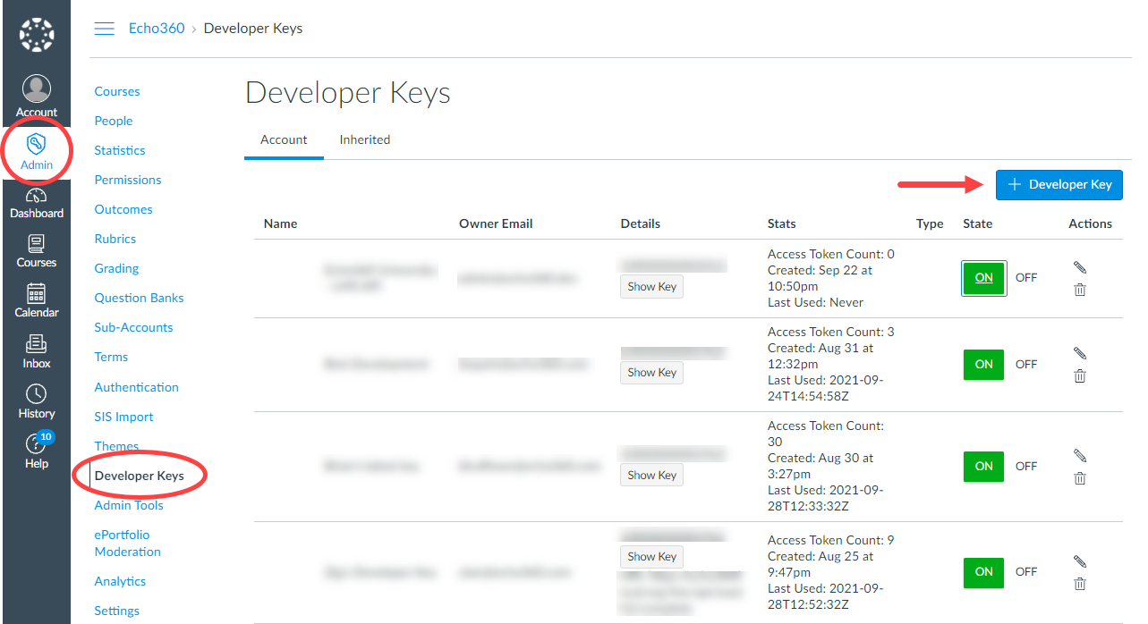 Administrator navigation in Canvas with Developer Keys page showing and Add Developer Key button identified as described