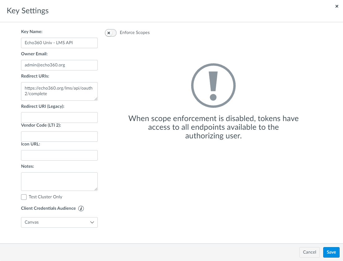 Developer Key settings page shown with fields completed as described