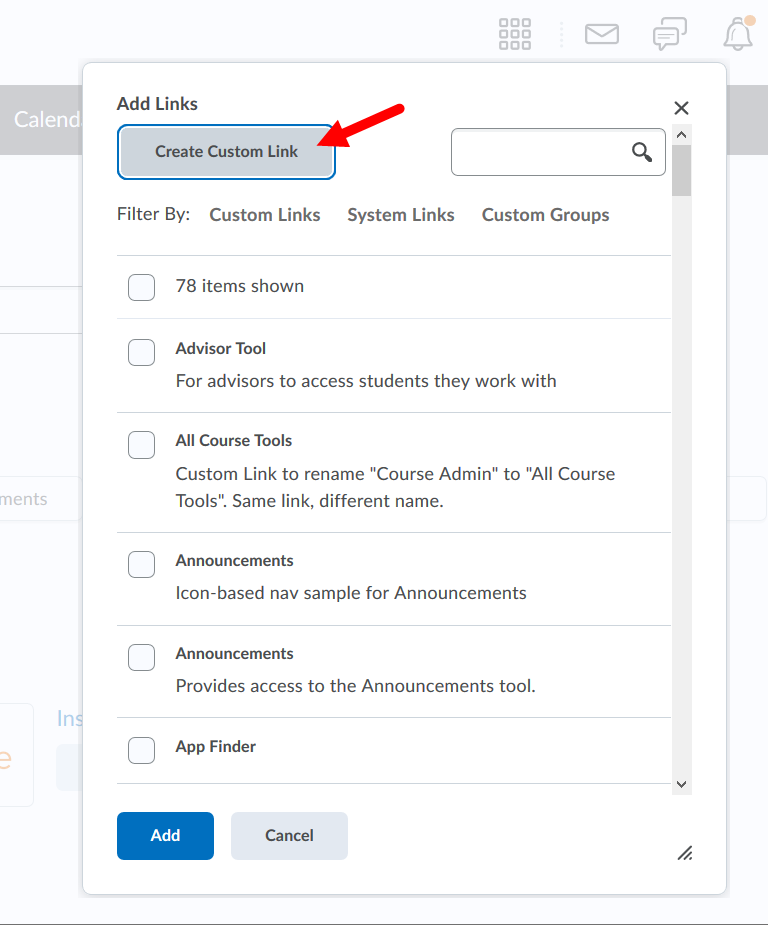 Add links dialog box with Create Custom link button identified for steps as described